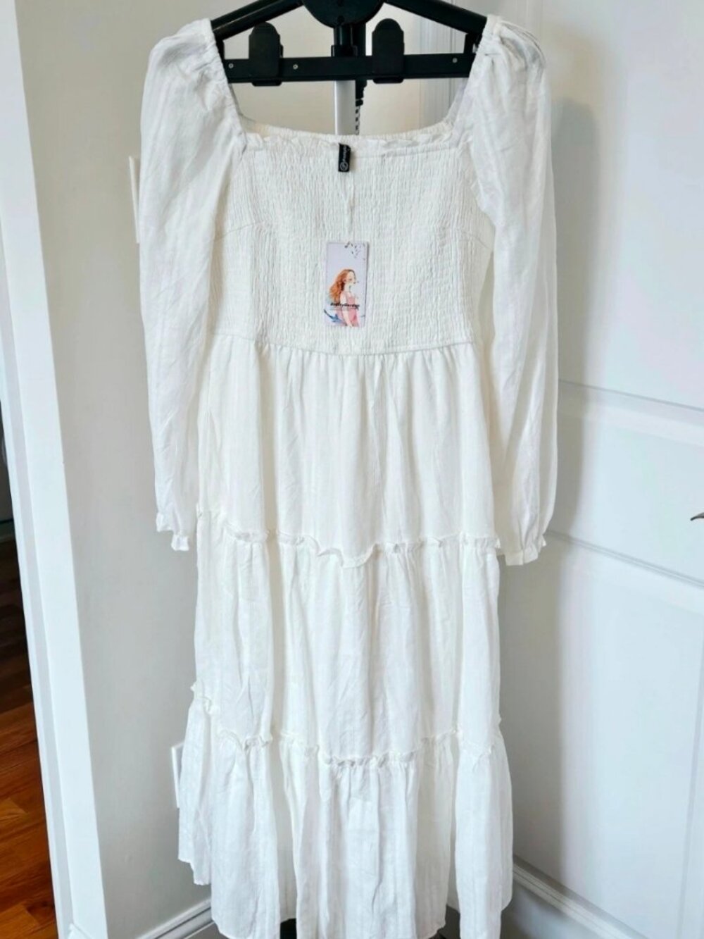 PrettyGarden White Cotton Smocked Tiered Maxi Dress NWT Size L